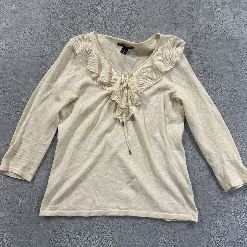 American Living Shirt Women Large Yellow Long Sleeve Sweater Ruffle V Neck Fairy